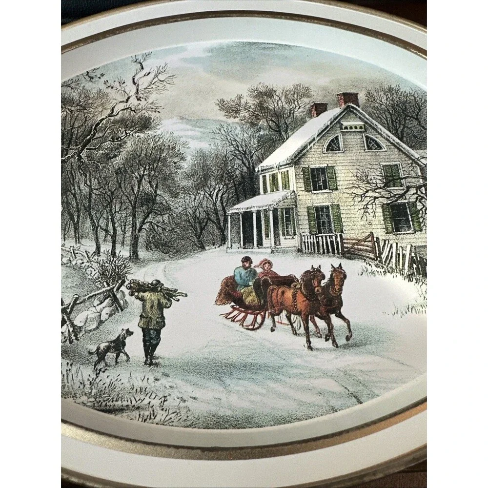 Vintage Currier & Ives Metal 1868 Oval Tray The American Homestead - Winter